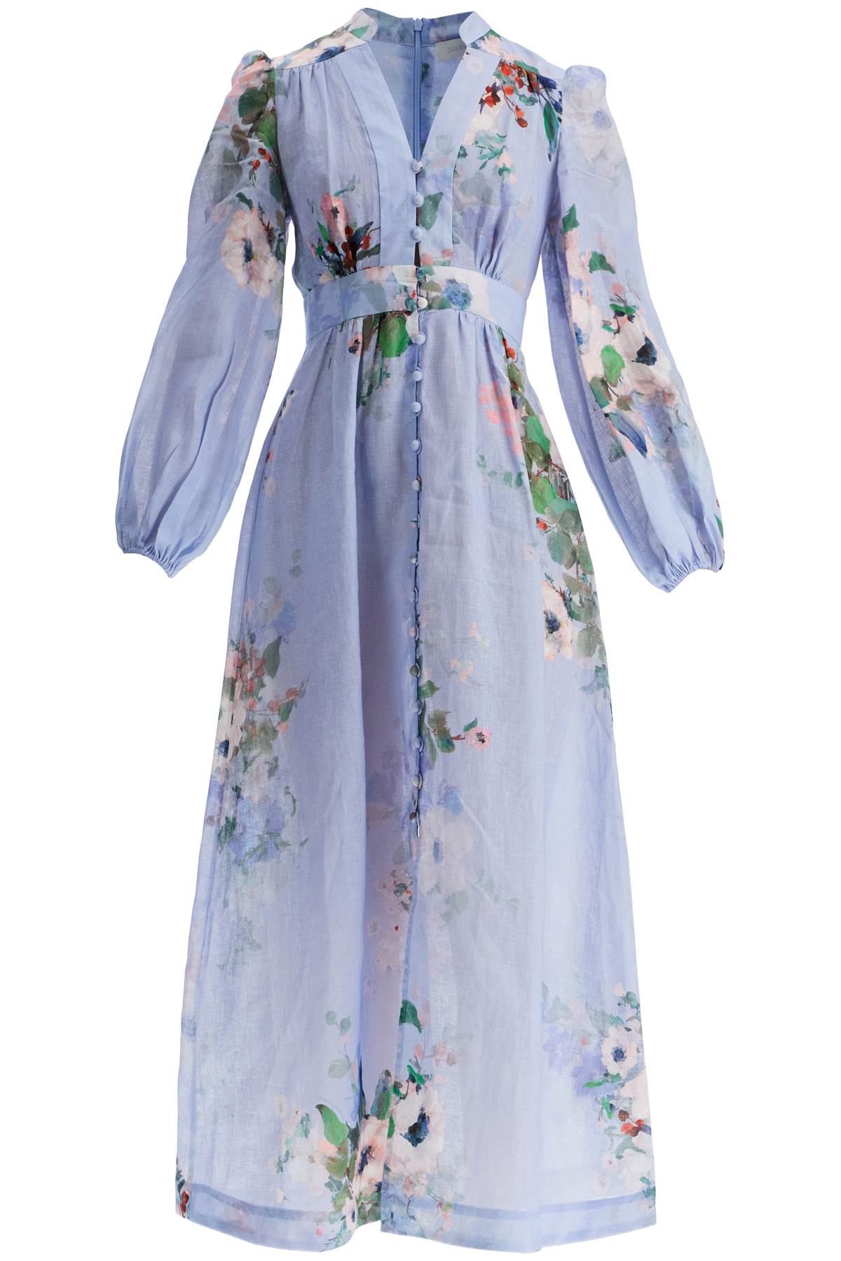 Zimmermann light blue watercolor floral midi dress with deep v neckline