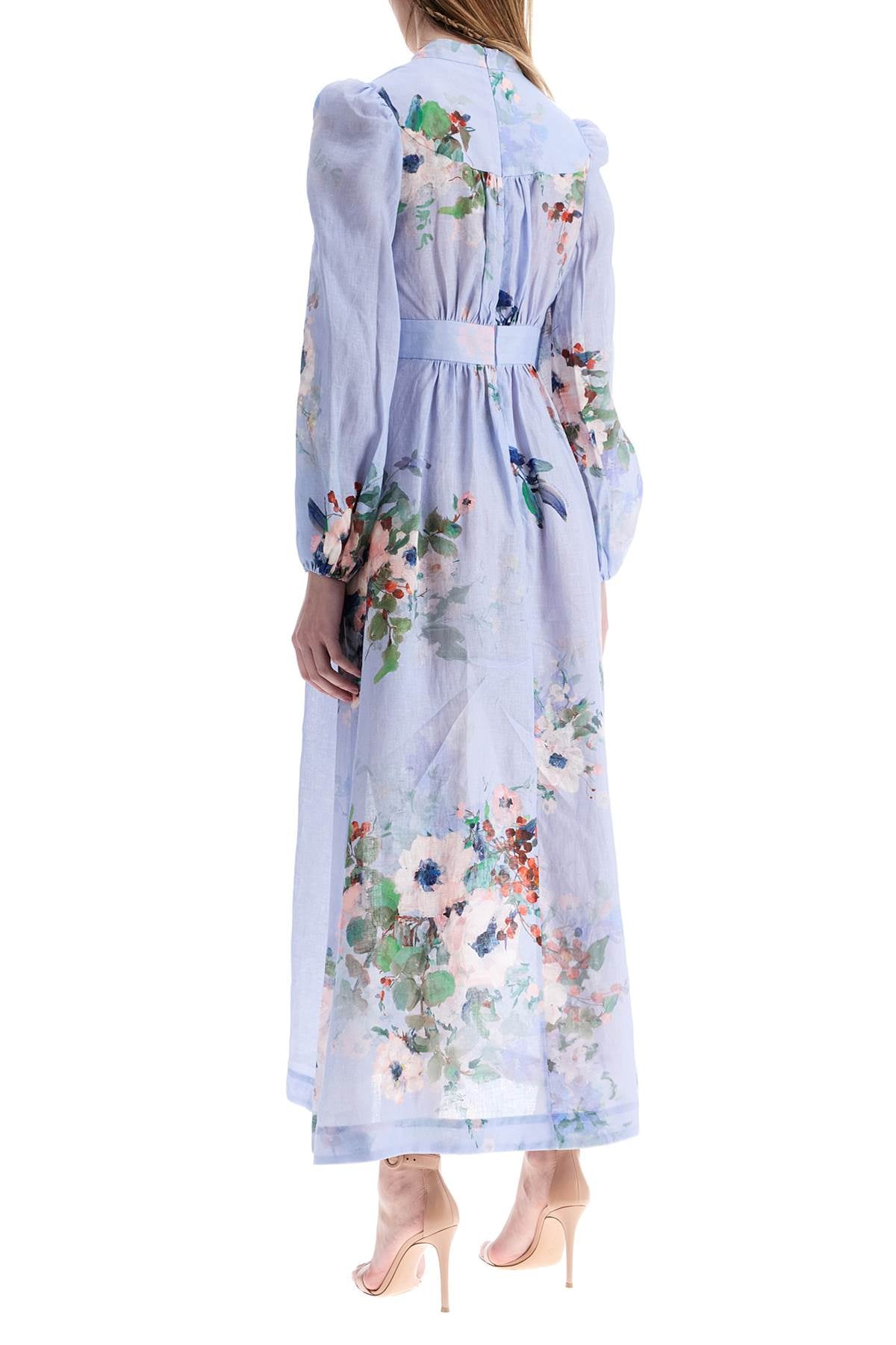 Zimmermann light blue watercolor floral midi dress with deep v neckline