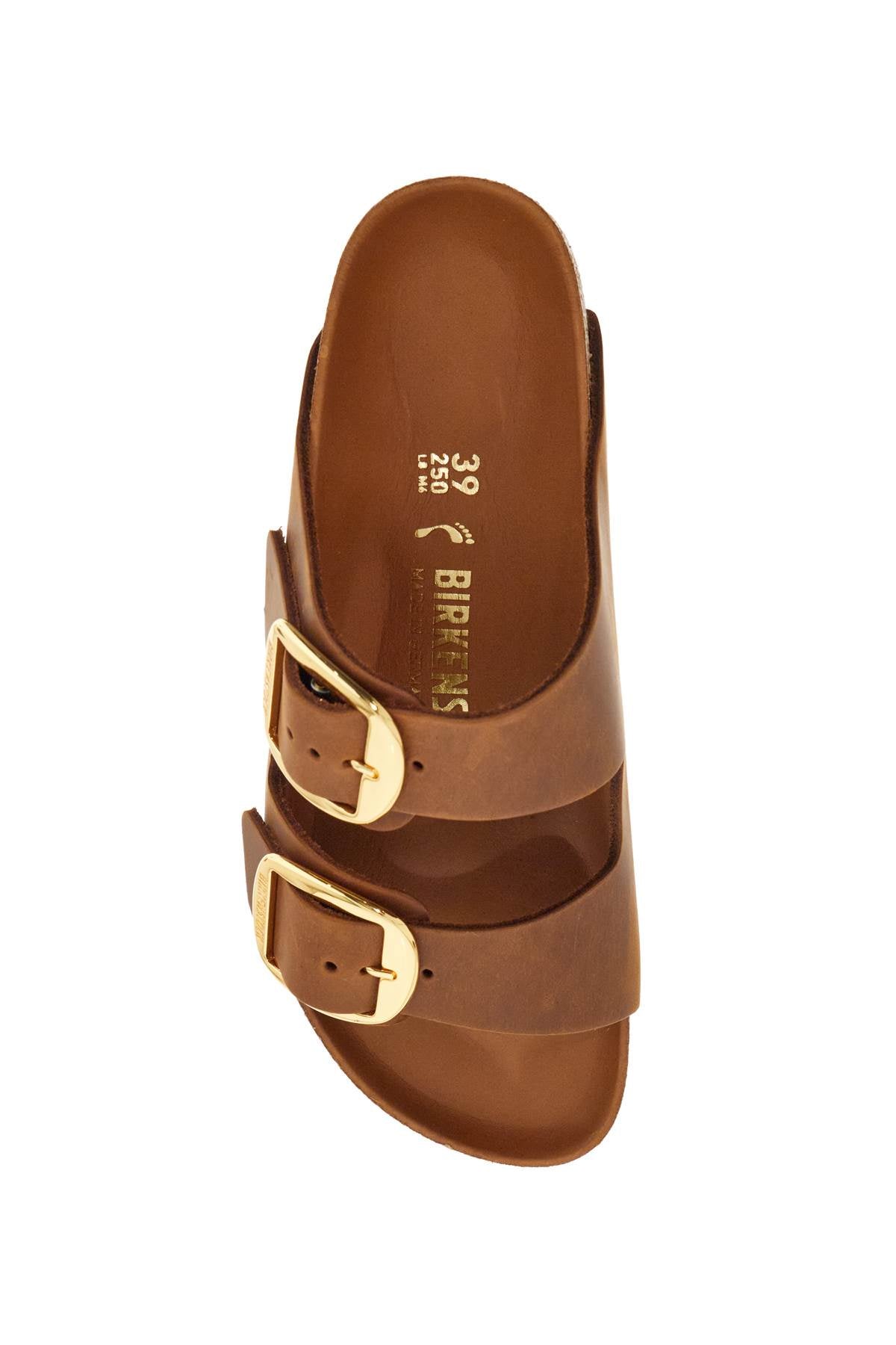 Birkenstock oiled leather cognac slippers with large golden buckles