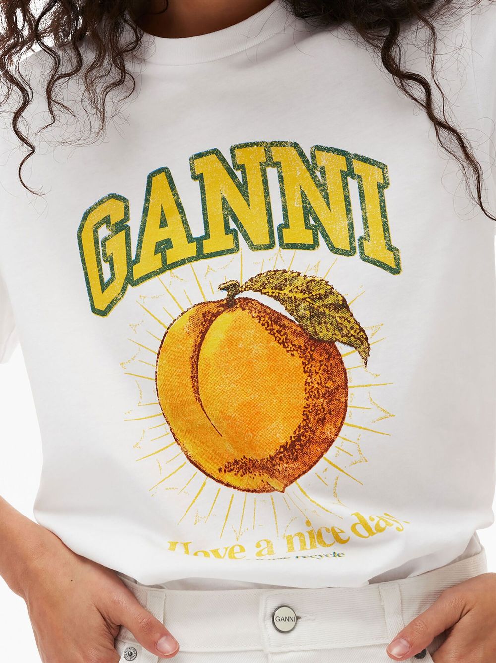 GANNI Peach Graphic Cotton T-Shirt – White