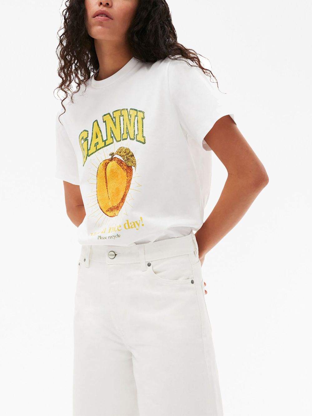 GANNI Peach Graphic Cotton T-Shirt – White