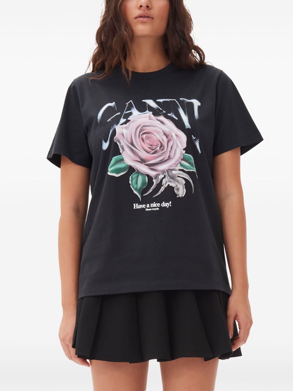 GANNI Graphic Print Cotton T-Shirt – Black with Logo and Rose Design