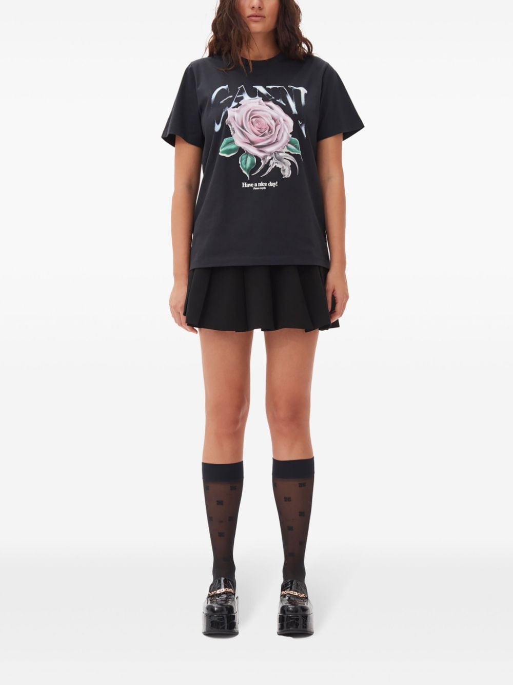 GANNI Graphic Print Cotton T-Shirt – Black with Logo and Rose Design