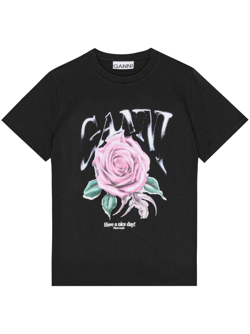 GANNI Graphic Print Cotton T-Shirt – Black with Logo and Rose Design