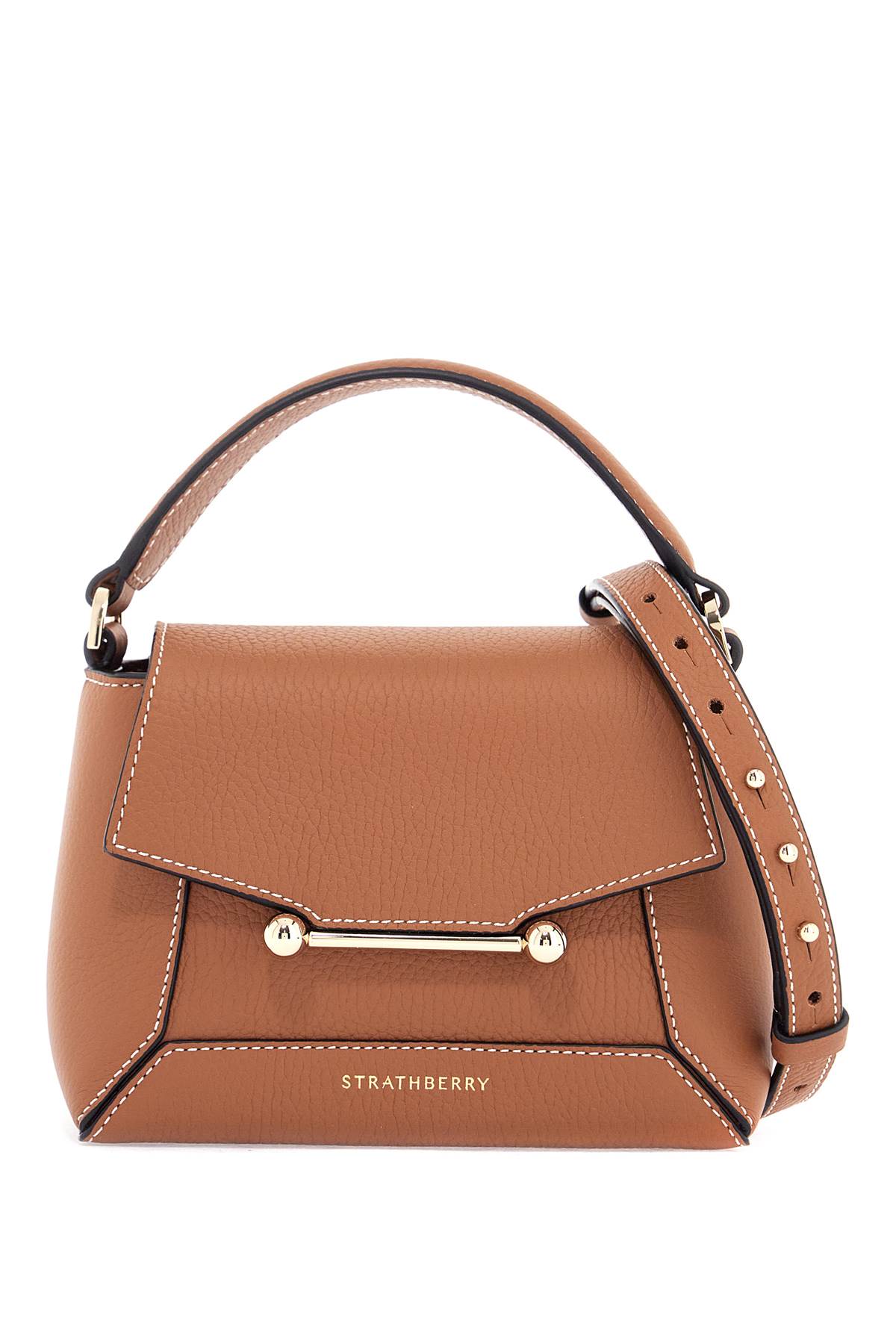 Strathberry brown leather nano mosaic crossbody bag with gold button