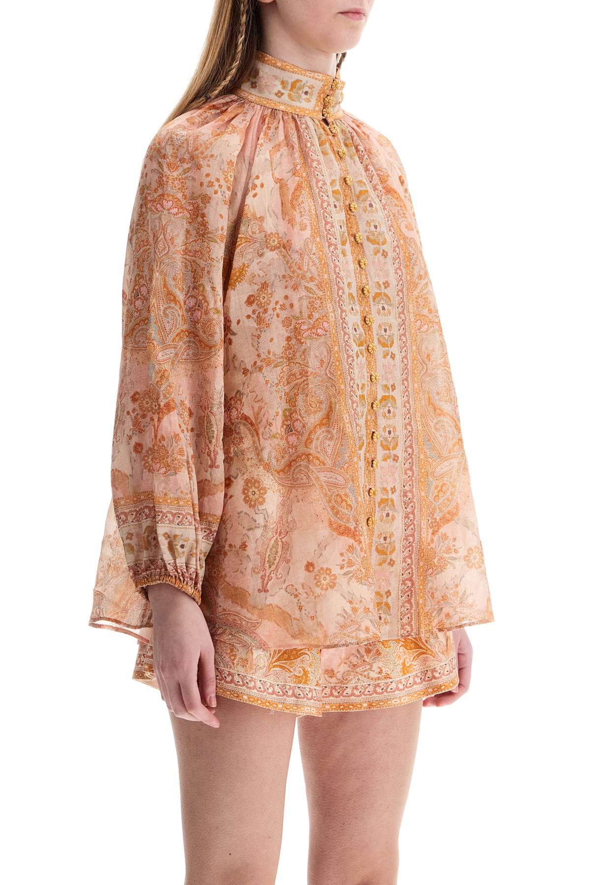 Zimmermann cream and pink high neck paisley blouse in rayon with long sleeves