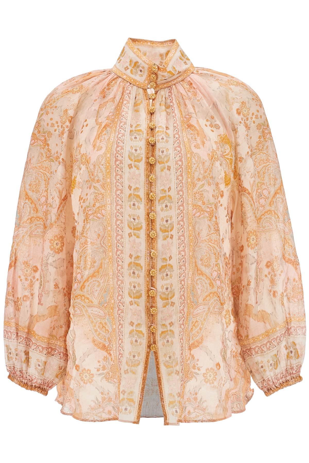 Zimmermann cream and pink high neck paisley blouse in rayon with long sleeves