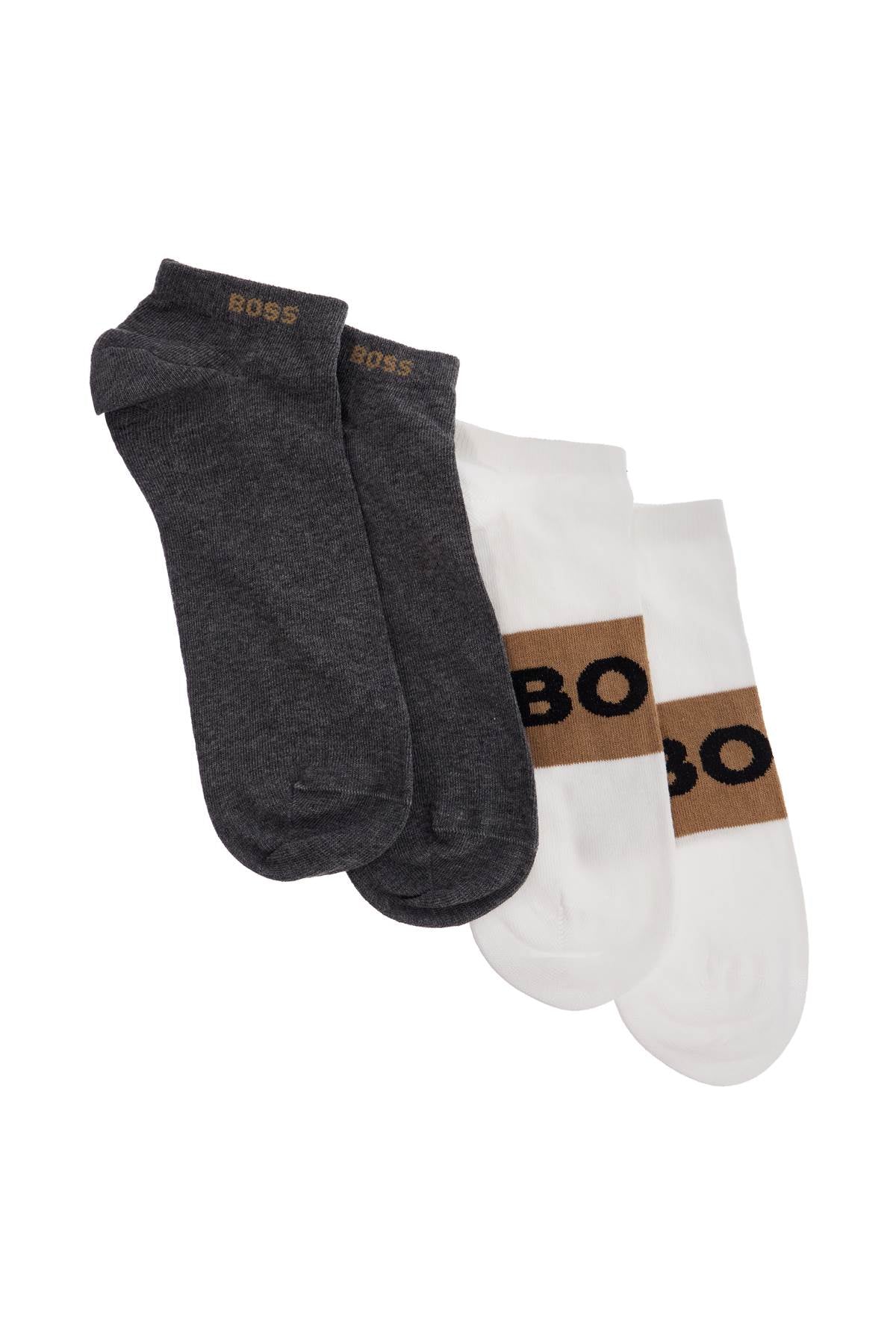 Boss low-cut gray and white socks with gold logo and brown band