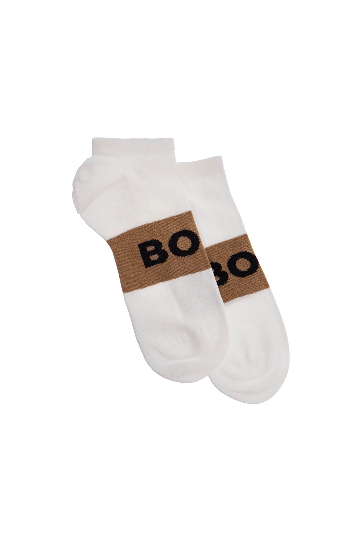 Boss low-cut gray and white socks with gold logo and brown band