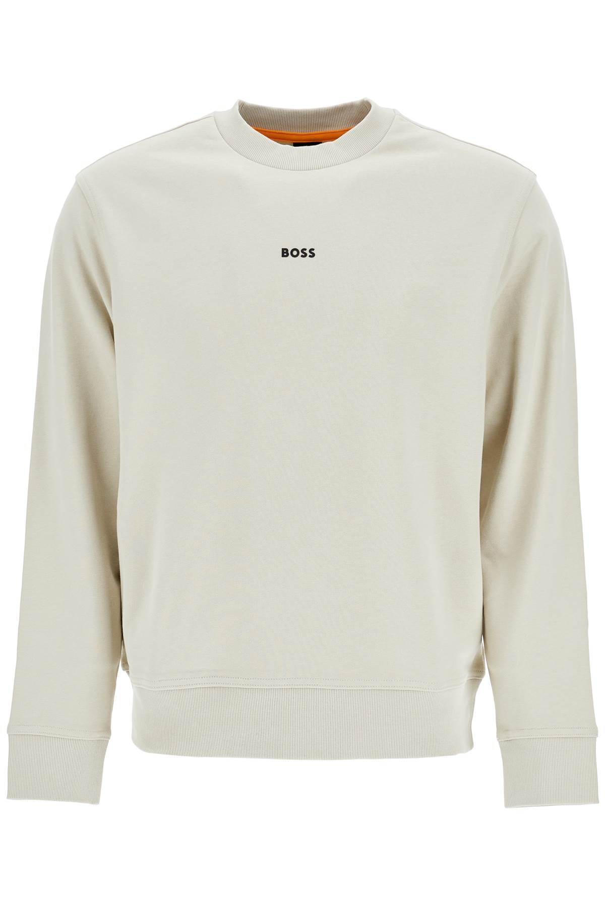 Boss men's light beige cotton sweatshirt with long sleeves and round neck regular fit