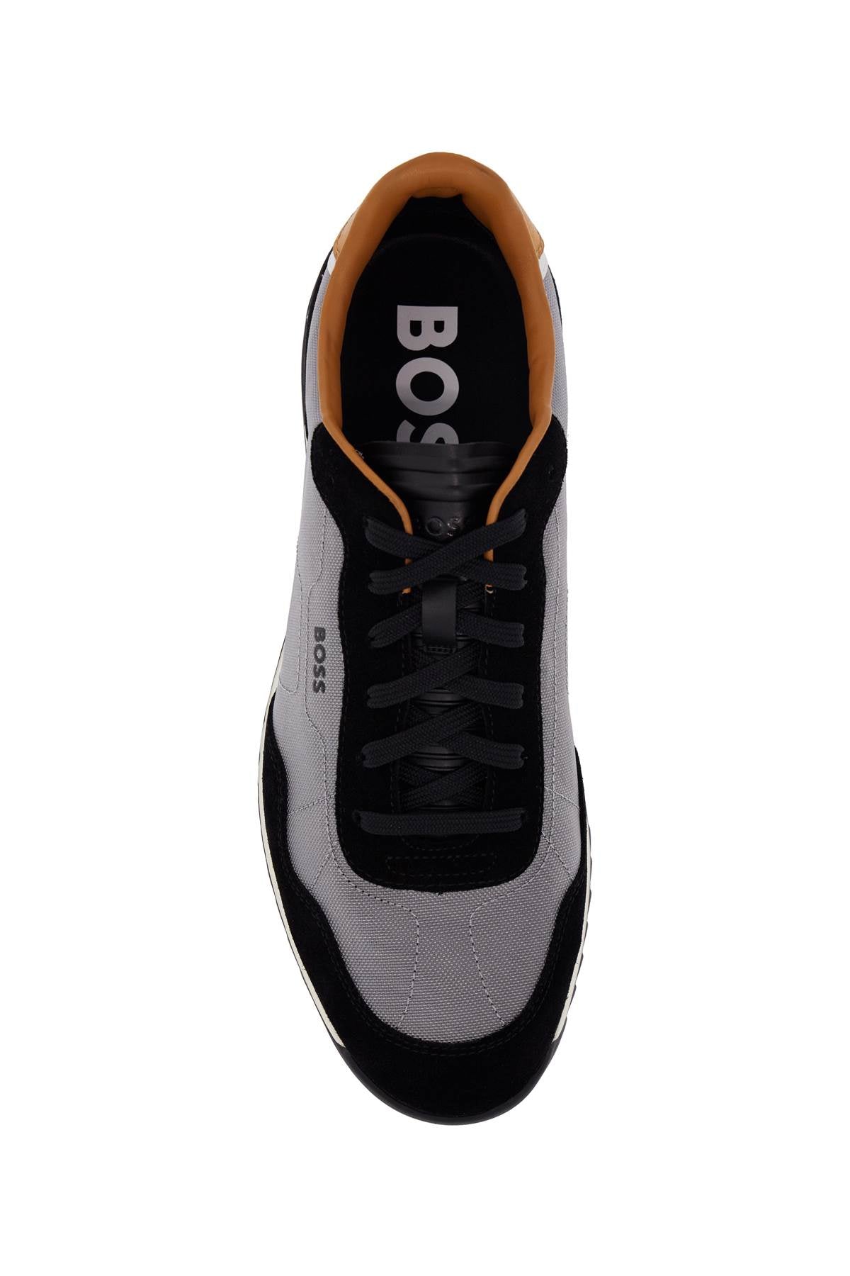 Boss light grey and black suede fabric sneakers with white sole