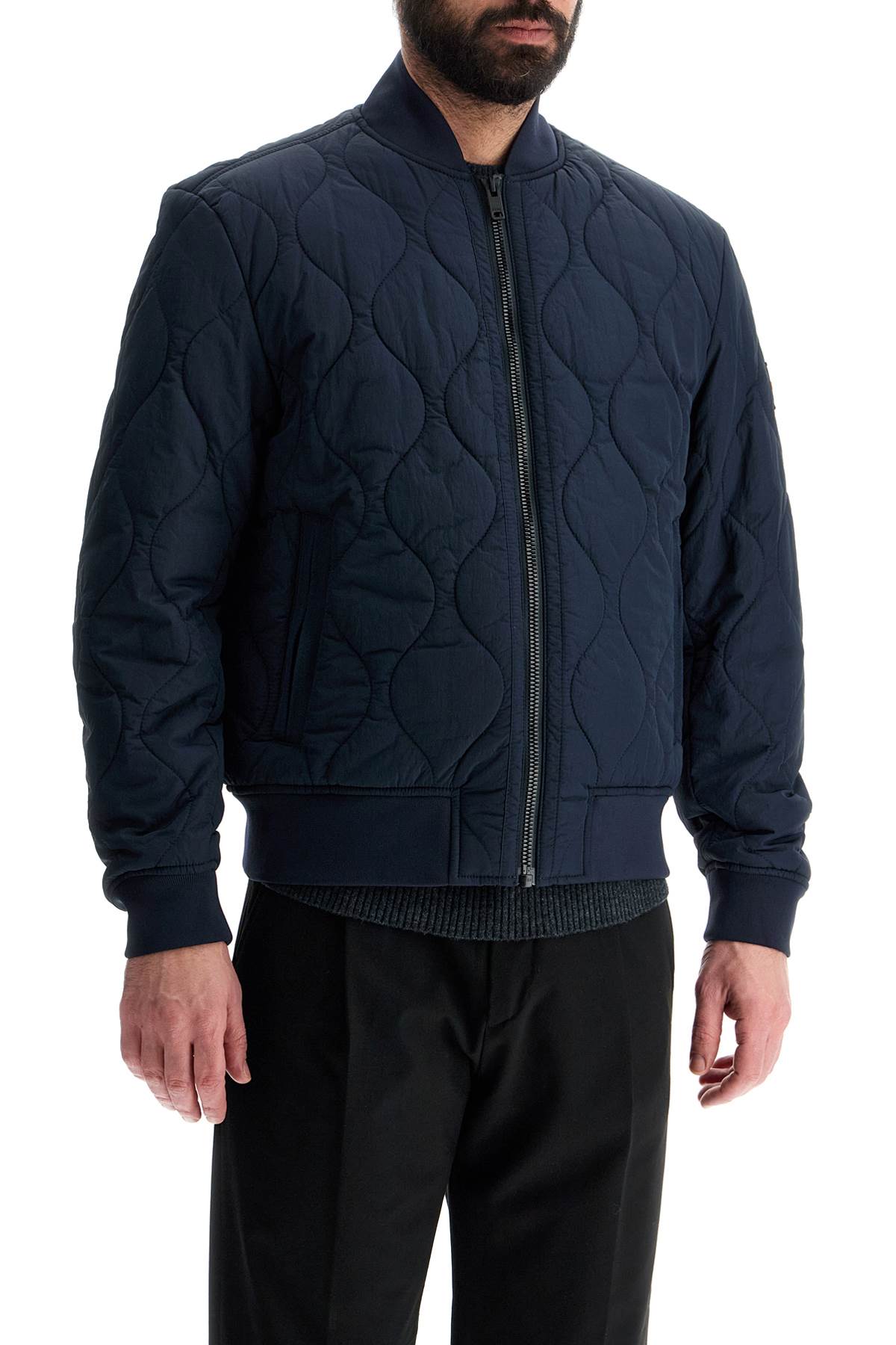 Boss dark blue slim fit quilted down jacket with wavy pattern