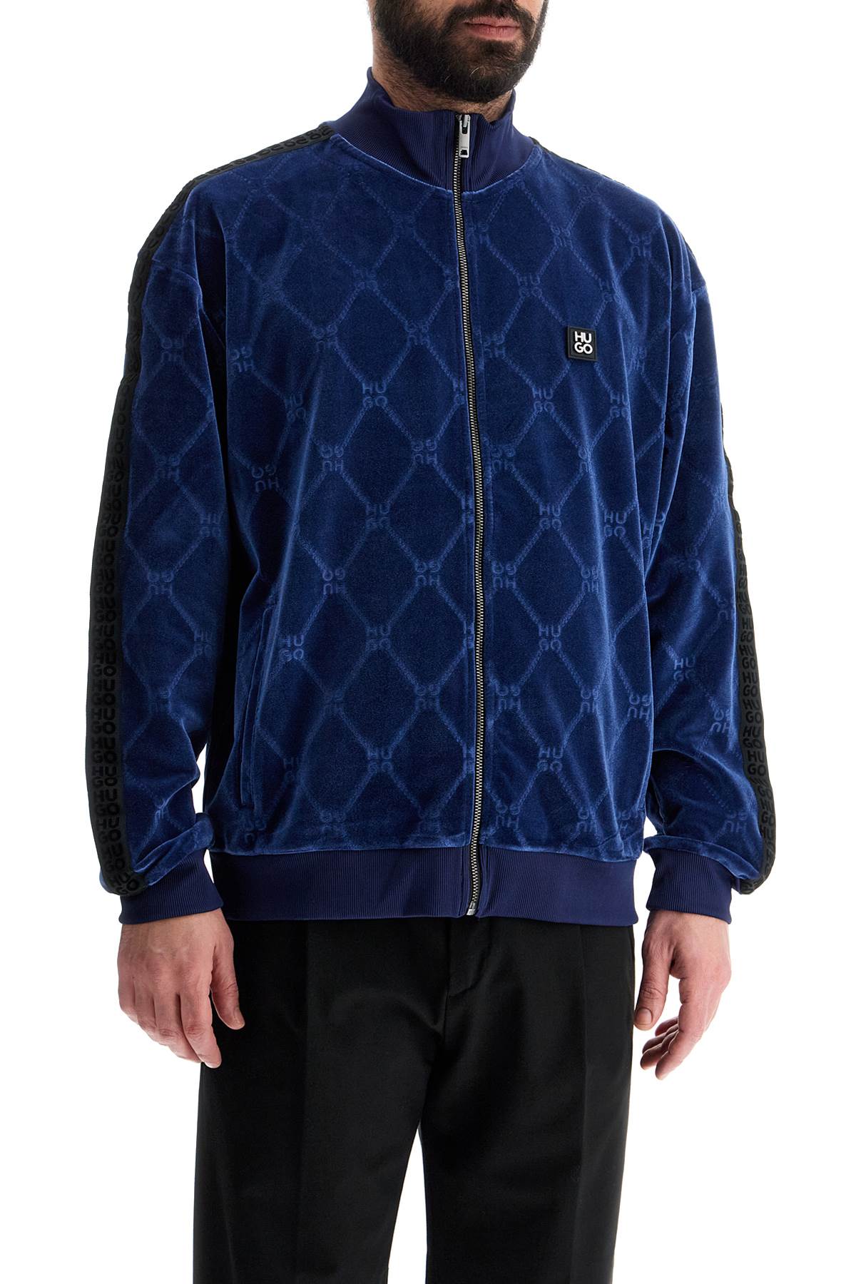 Hugo dark blue velvet high collar zip slim fit sweatshirt