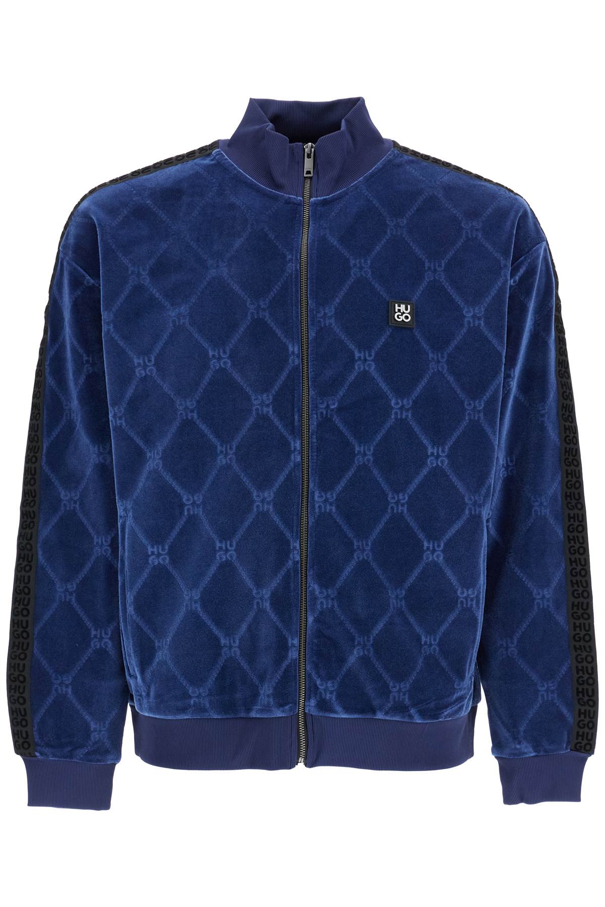 Hugo dark blue velvet high collar zip slim fit sweatshirt