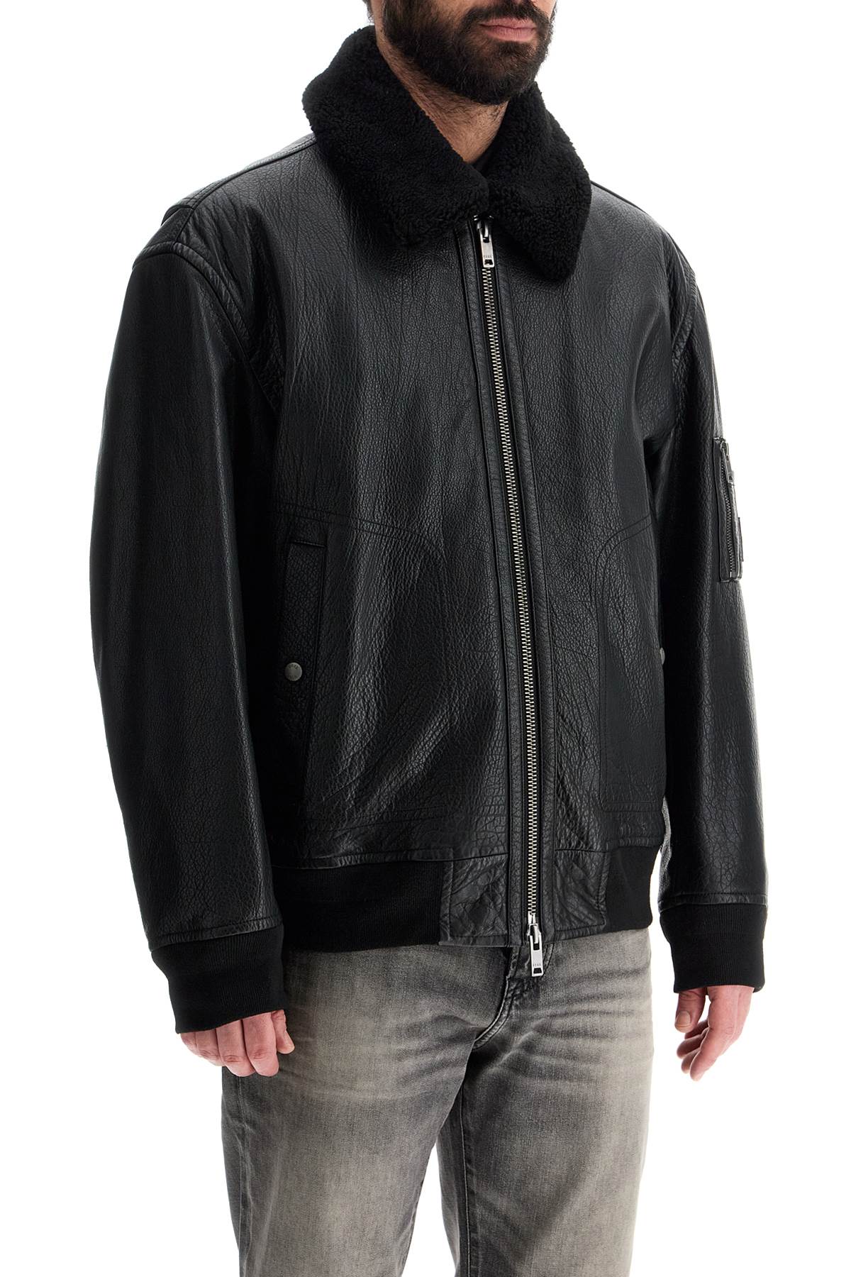 Boss men's black leather jacket with high collar regular fit zip