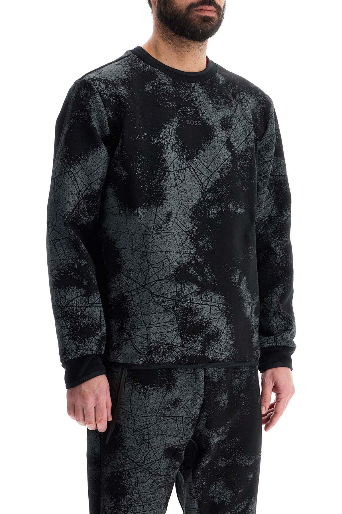 Boss men's black cotton crewneck sweatshirt with gray print