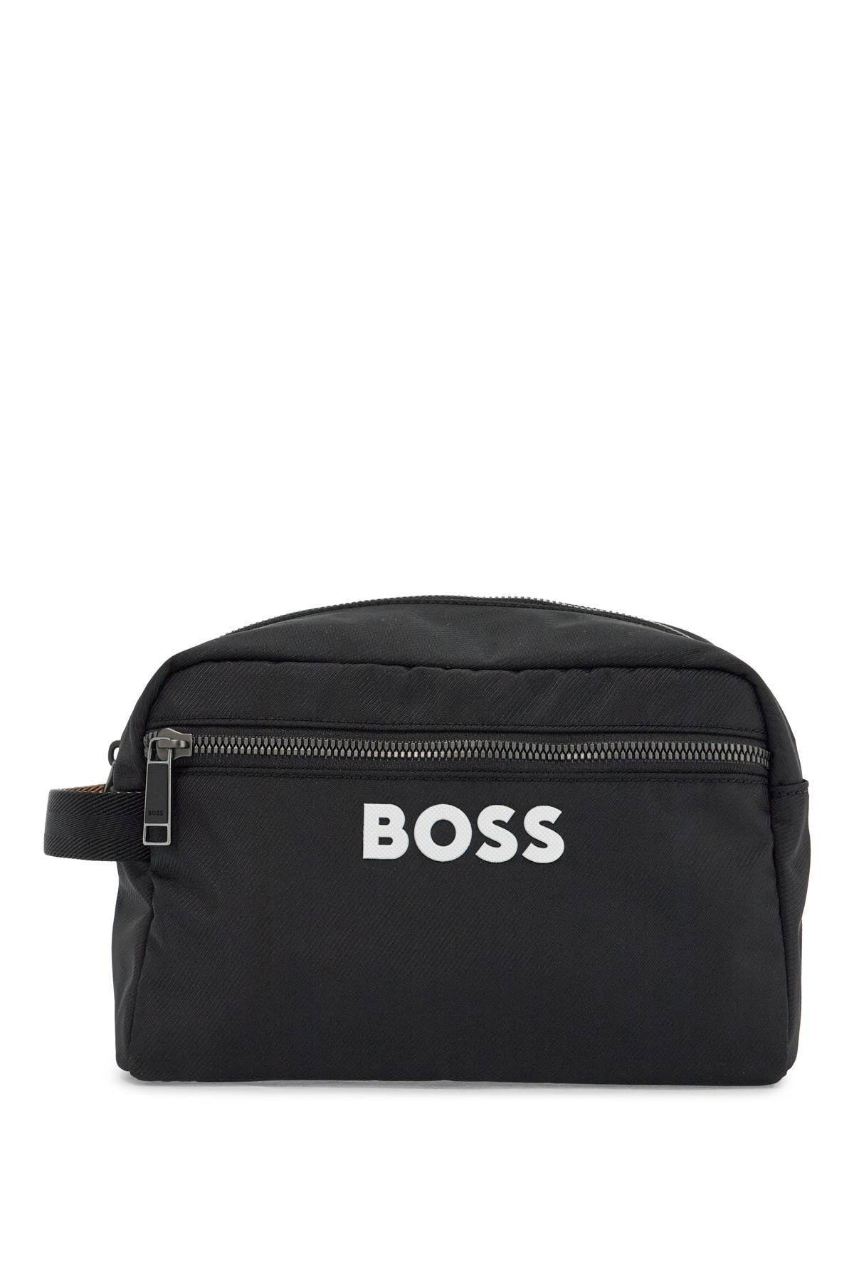 Boss black minimalist travel beauty case in eco-leather with zip