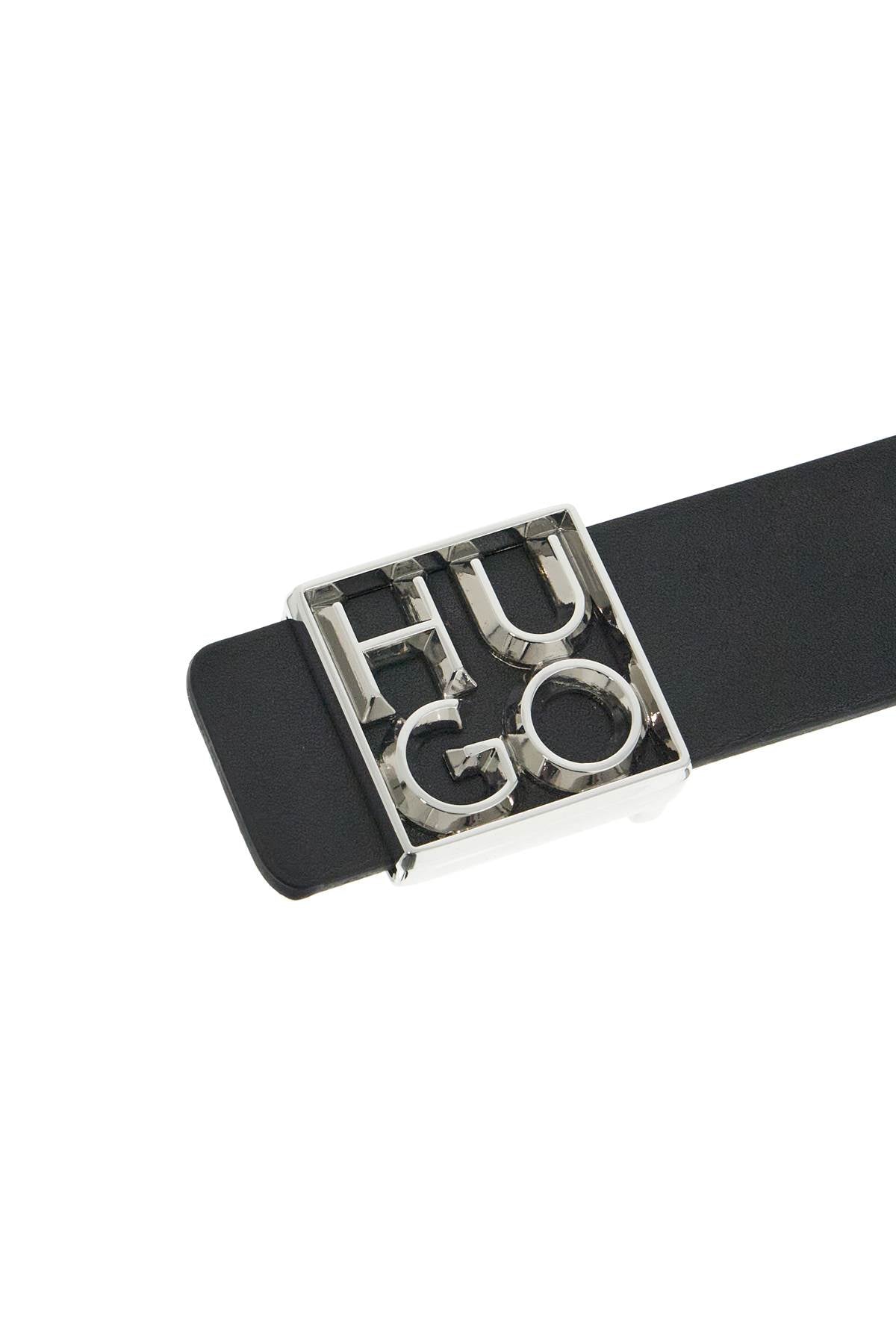 Hugo men's black leather belt with square buckle and embossed logo