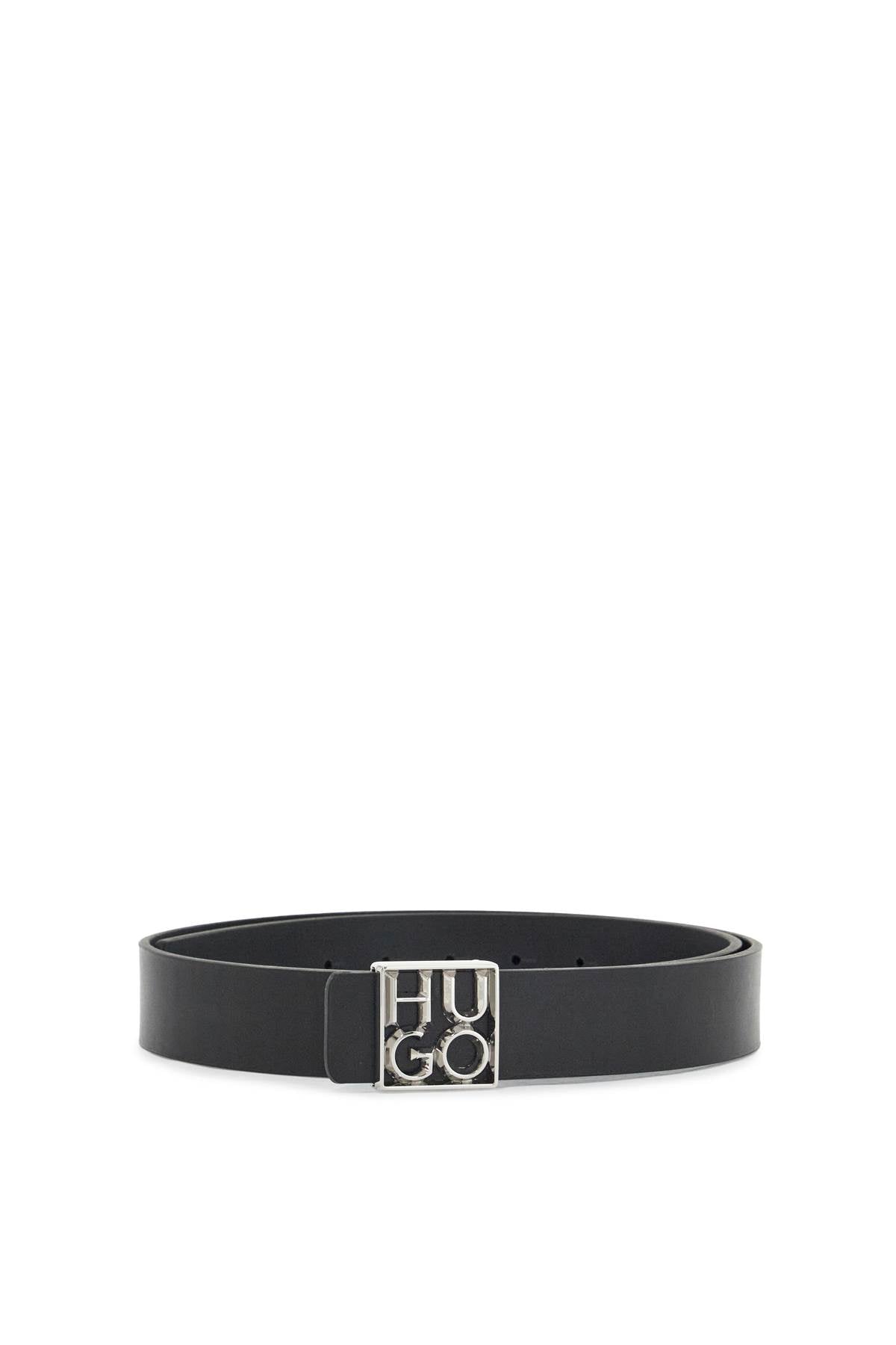 Hugo men's black leather belt with square buckle and embossed logo