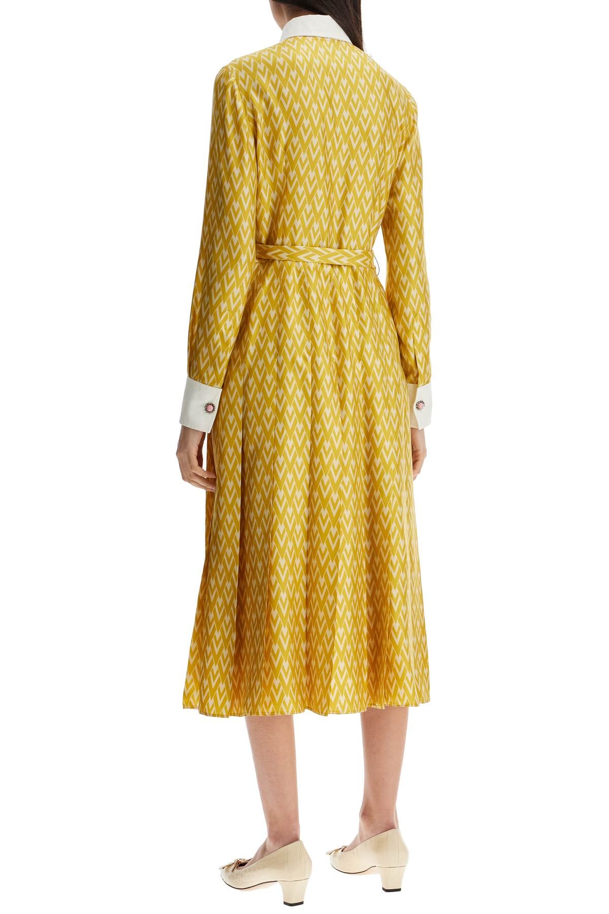 Valentino Garavani long yellow ochre silk dress with zig-zag pattern