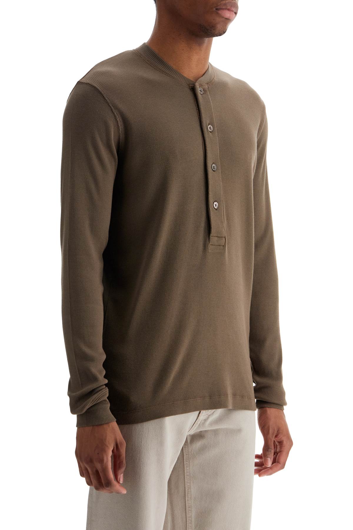 Tom Ford henley t-shirt in moss green modal cotton with mother-of-pearl buttons