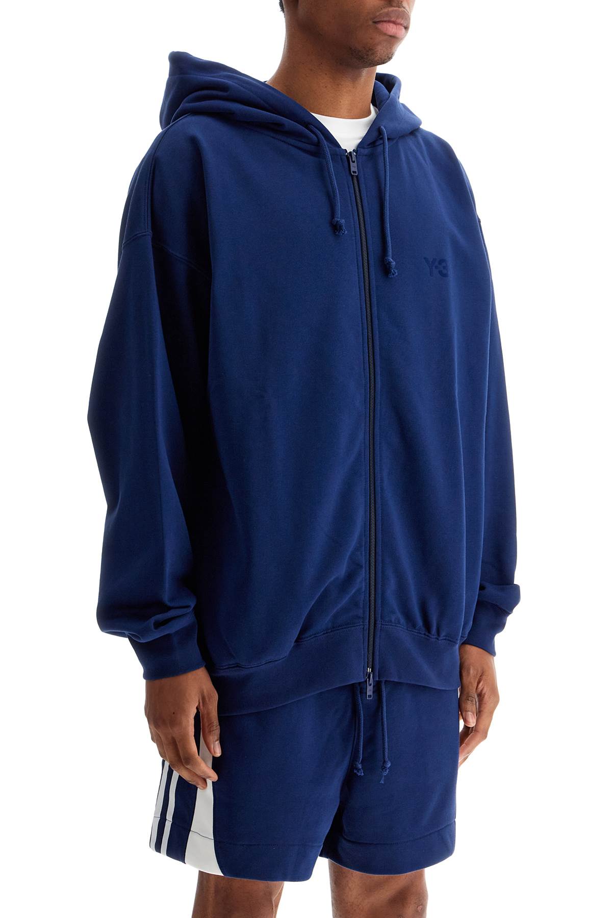 Y-3 men's blue zip hoodie in cotton with recycled polyester