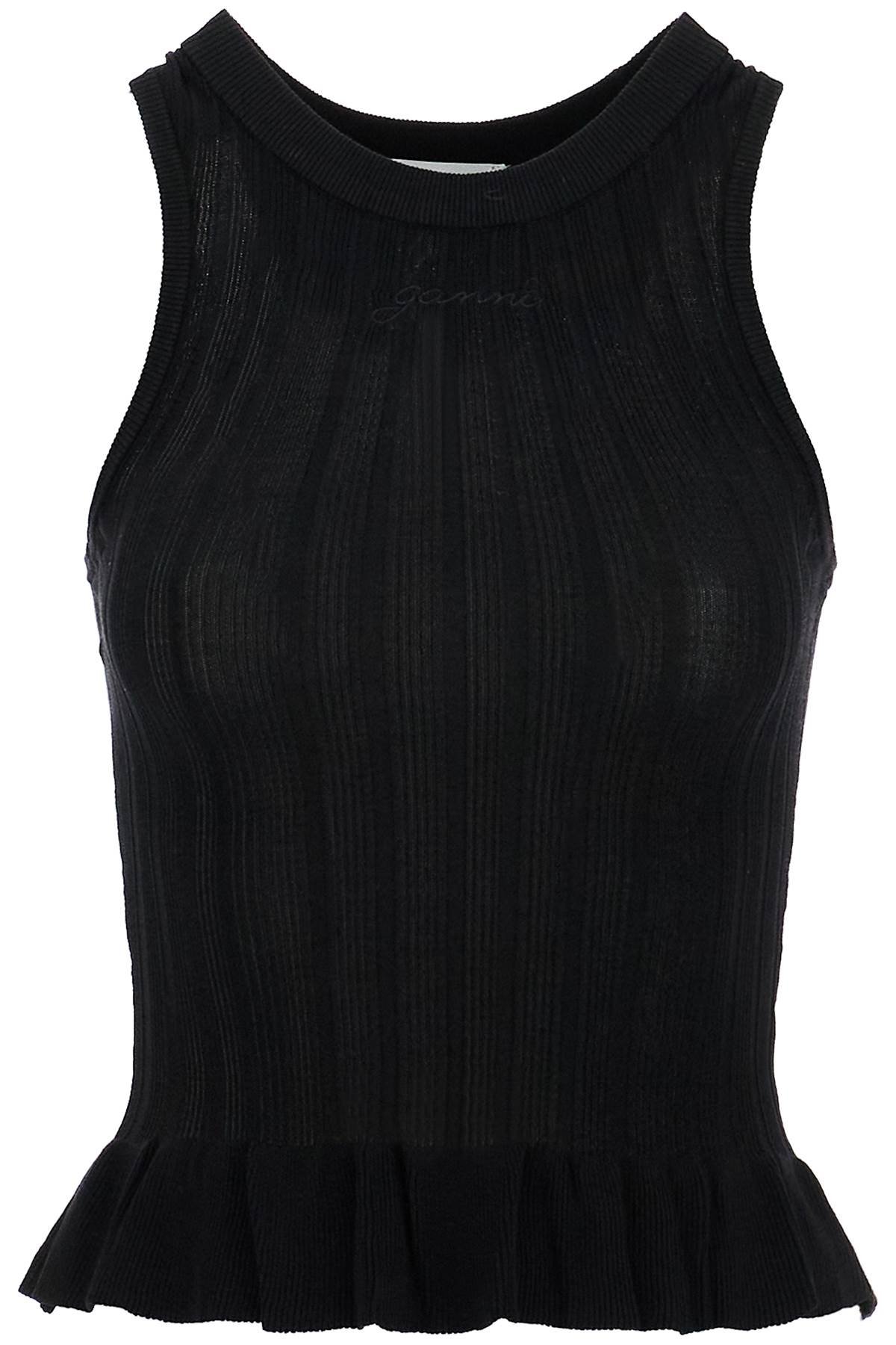 Ganni ribbed knit tank top with spaghetti straps