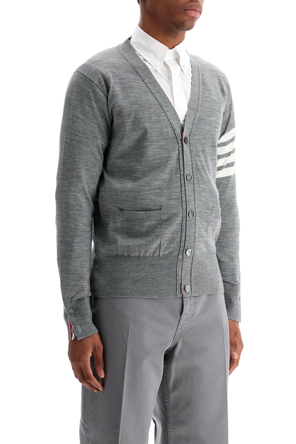 Thom Browne men's cardigan in pale grey merino wool with 4 white stripes