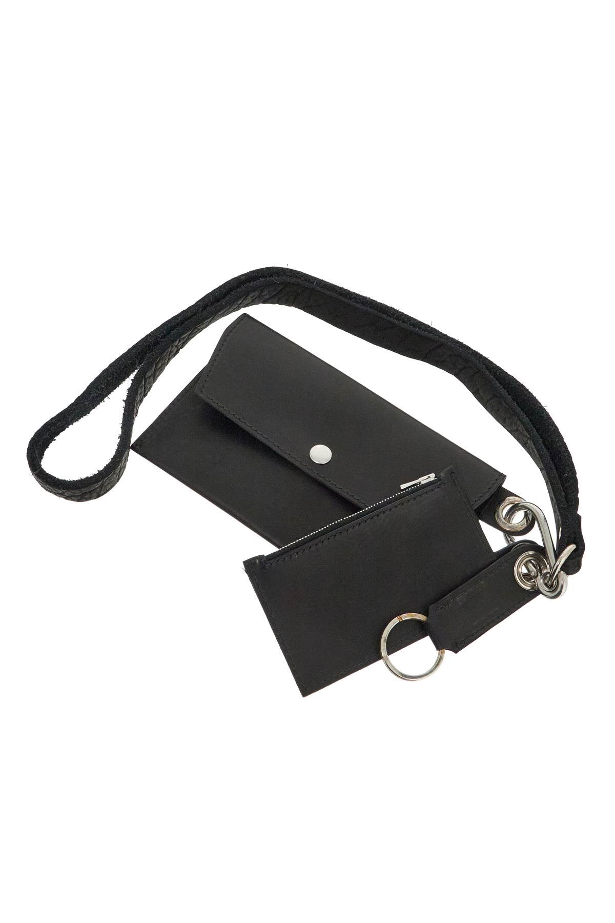 Guidi black kangaroo leather card and phone holder with shoulder strap