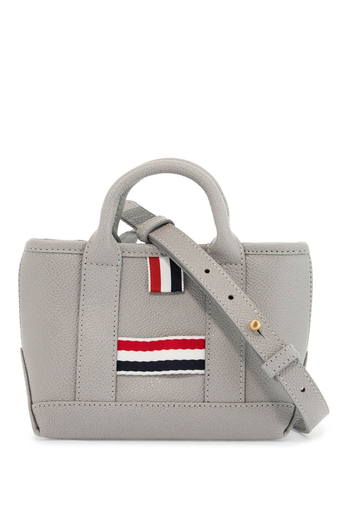 Thom Browne light gray leather micro tool tote bag with tricolor stripes